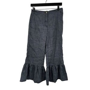 Anthropologie ETT TWA Chambray Linen Ruffle Hem Wide Leg Crop BOHO Pants Size 4